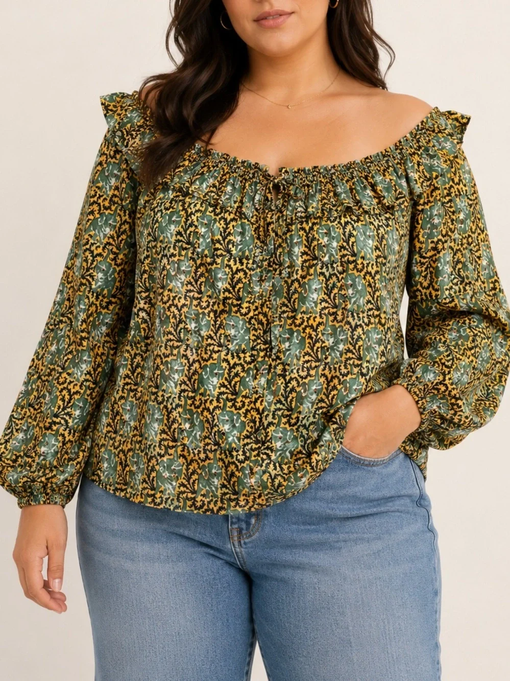 J.Crew Ratti Elephant Print Boho Peasant Blouse Green Gold Off Shoulder Top